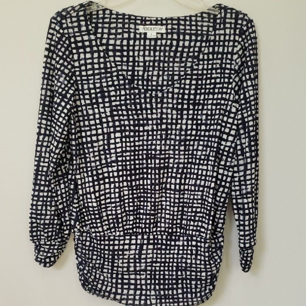 Pendleton Top Womens L V Neck Navy White Boxy Grid Sheer Blouse Office Siren